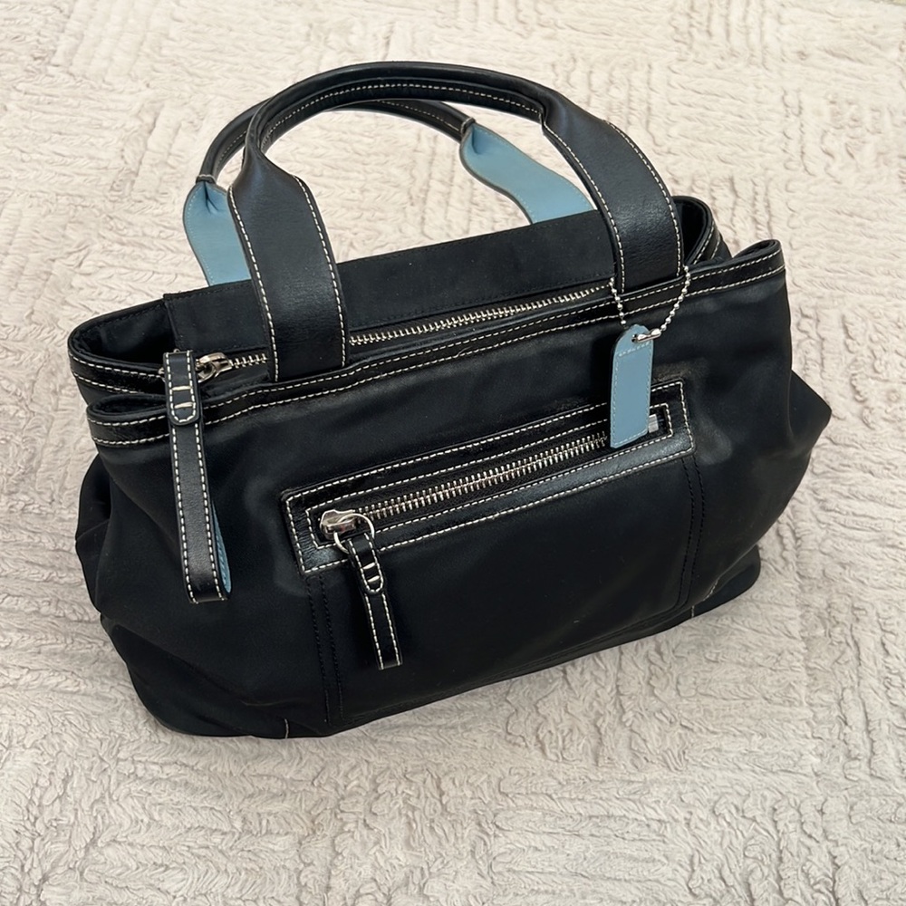 Coach Black Baby Blue nylon handbag satchel with leather handles No B042-4275